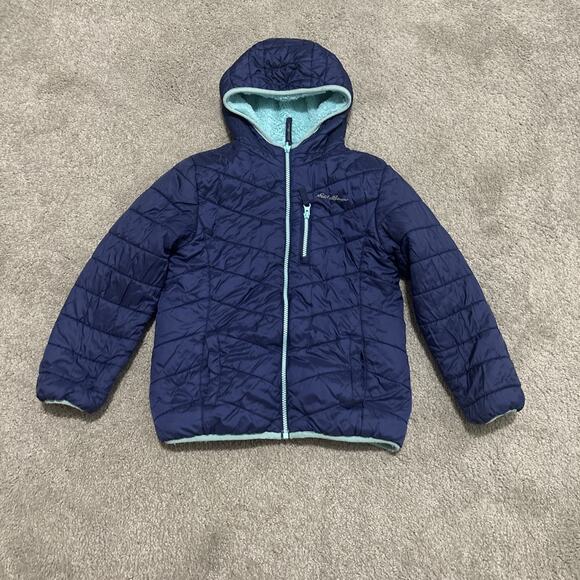 Eddie Bauer Girls Size S 7/8 Blue Puffer Coat Fleece Lined Reversible Jacket - Picture 1 of 5
